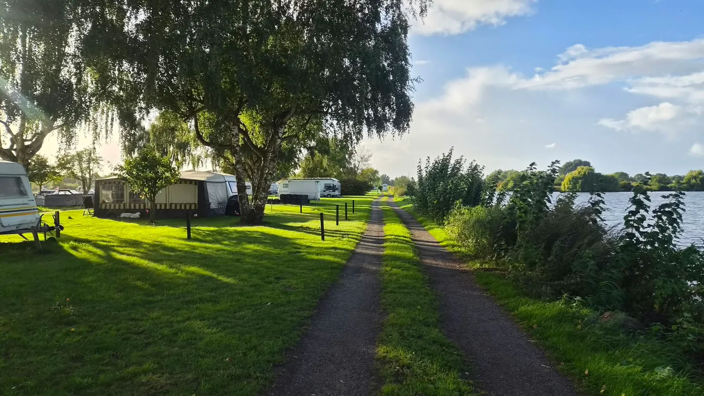 Ein Weg führt unter Birken an den Wohnwagen entlang, rechts liegt die Weser
