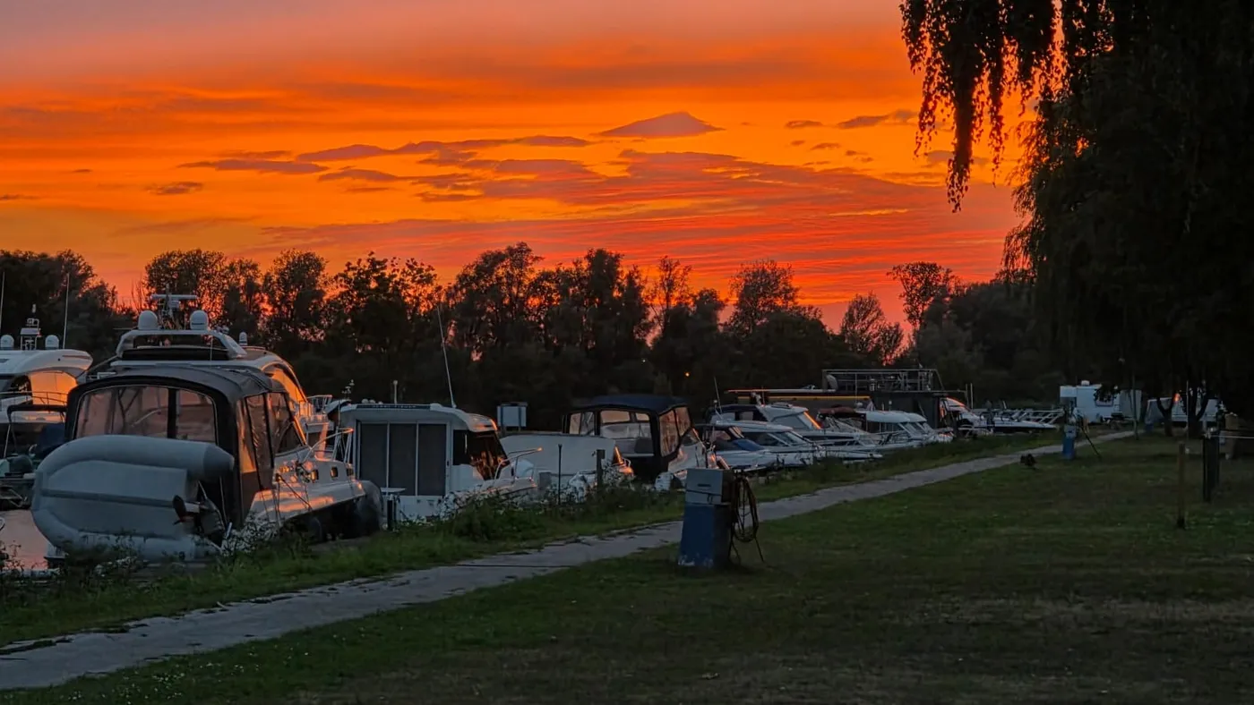 Abendrot über dem Hafen: Motorboote liegen aufgereiht am Weg auf dem Damm, rechts hängen die Zweige einer Trauerweide über die Wiese
