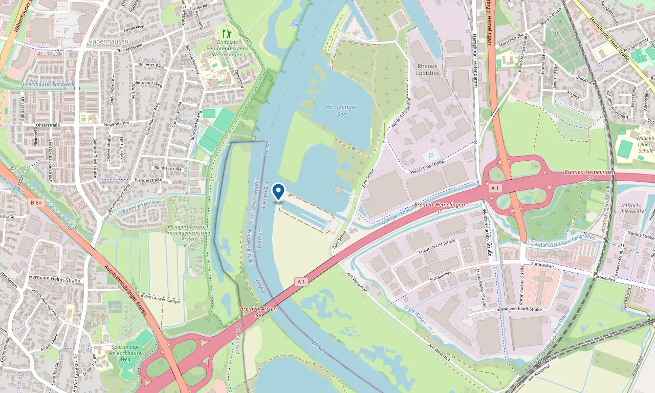 Kartenausschnitt: Das Wassersport-Zentrum Oberweser liegt an der Weser in Bremen-Hemelingen, Zum Schlut 1A, 28309 Bremen, südlich der A1-Abfahrt Bremen-Hemelingen.